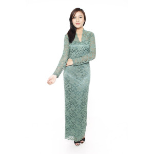 Vneck Scalloped Lace Maxi Dress - Olive Green