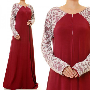 Lace Sleeved W Front Zip Maxi Dress