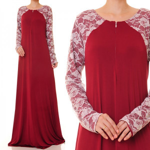 Lace Sleeved W Front Zip Maxi Dress